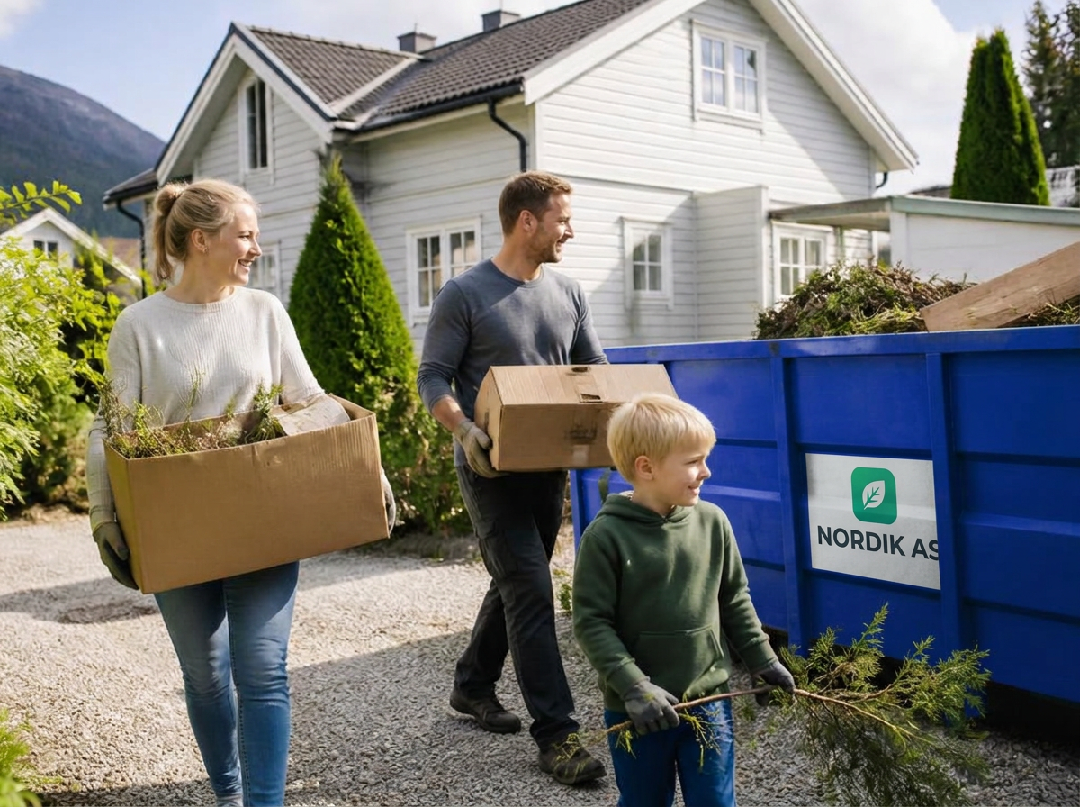 Familie som rydder og fyller Nordik-container hjemme